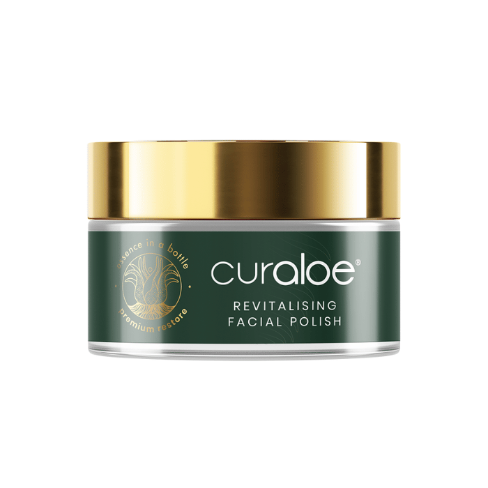 Curaloe Facial Scrub to exfoliate and restore skin's fine texture.